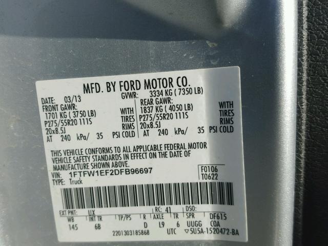 1FTFW1EF2DFB96697 - 2013 FORD F150 SUPER SILVER photo 10