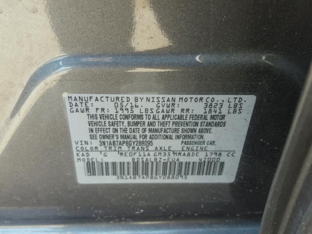 3N1AB7AP8GY288095 - 2016 NISSAN SENTRA S GRAY photo 10