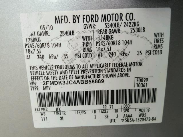 2FMDK3JC4ABB58889 - 2010 FORD EDGE SEL SILVER photo 10