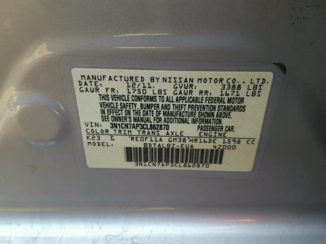 3N1CN7AP3CL862870 - 2012 NISSAN VERSA S SILVER photo 10