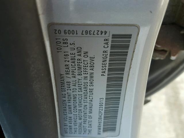 WVWRH63B42P239013 - 2002 VOLKSWAGEN PASSAT GLX GRAY photo 10