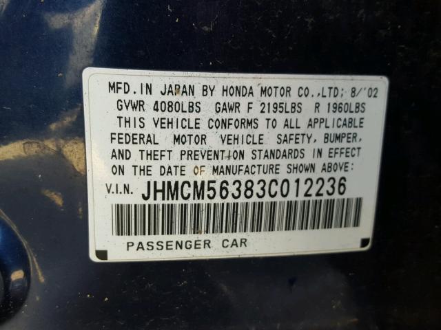 JHMCM56383C012236 - 2003 HONDA ACCORD LX BLUE photo 10