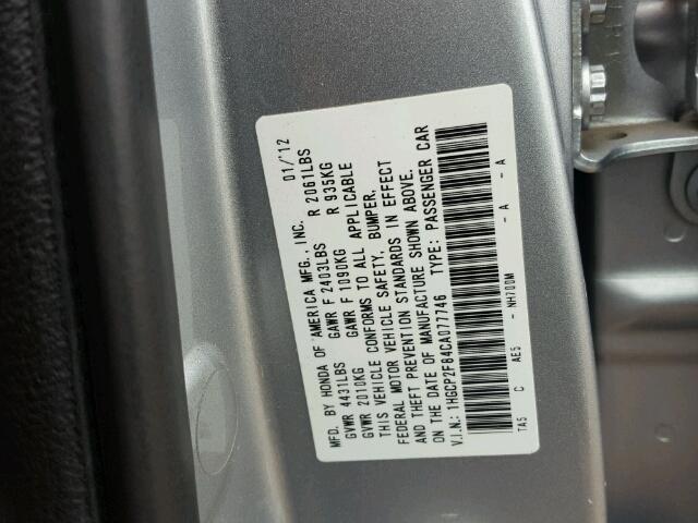 1HGCP2F84CA077746 - 2012 HONDA ACCORD EXL SILVER photo 10