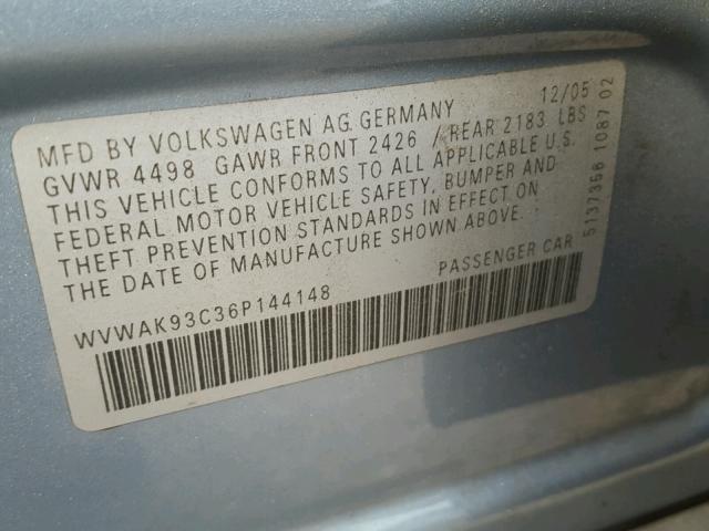 WVWAK93C36P144148 - 2006 VOLKSWAGEN PASSAT 2.0 BLUE photo 10