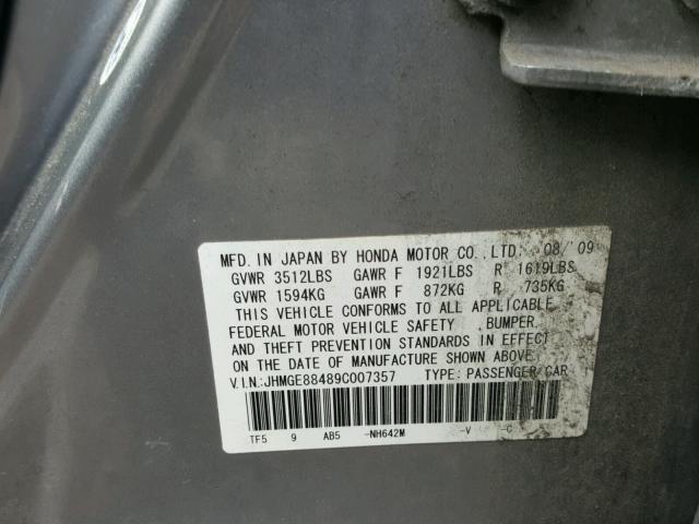 JHMGE88489C007357 - 2009 HONDA FIT SPORT GRAY photo 10