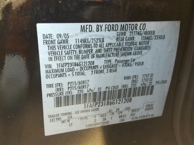 1FAFP23186G121208 - 2006 FORD FIVE HUNDR BLACK photo 10