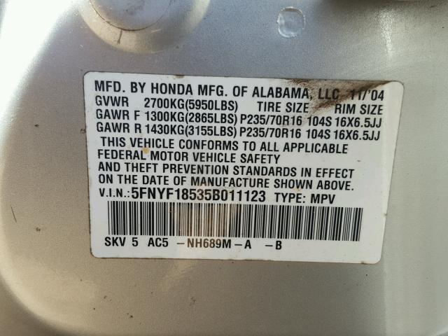 5FNYF18535B011123 - 2005 HONDA PILOT EXL GRAY photo 10