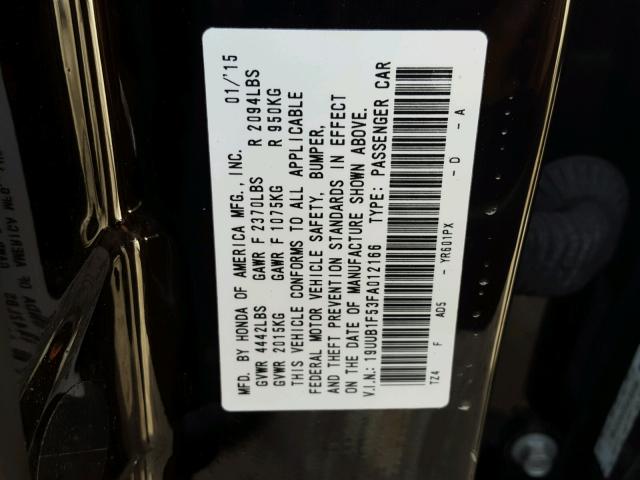 19UUB1F53FA012166 - 2015 ACURA TLX TECH შავი ფოტო 10