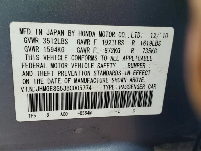 JHMGE8G53BC005774 - 2011 HONDA FIT SPORT BLUE photo 10