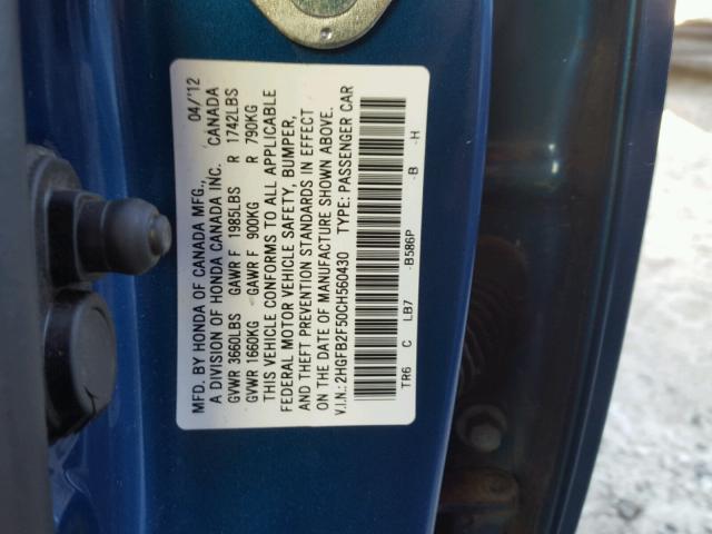 2HGFB2F50CH560430 - 2012 HONDA CIVIC LX BLUE photo 10