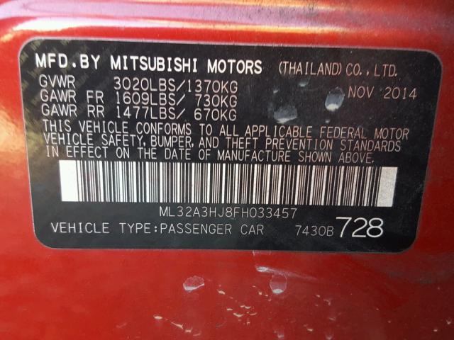 ML32A3HJ8FH033457 - 2015 MITSUBISHI MIRAGE DE RED photo 10