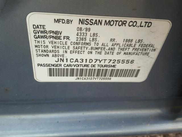 JN1CA31D7YT725556 - 2000 NISSAN MAXIMA GLE BLUE photo 10