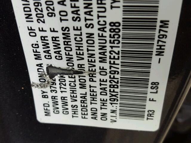 19XFB2F97FE215588 - 2015 HONDA CIVIC EXL ნაცრისფერი ფოტო 10