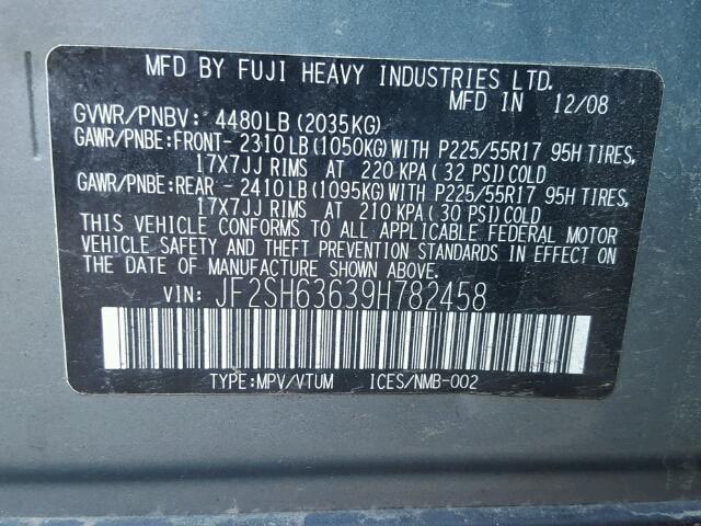 JF2SH63639H782458 - 2009 SUBARU FORESTER 2 BLUE photo 10