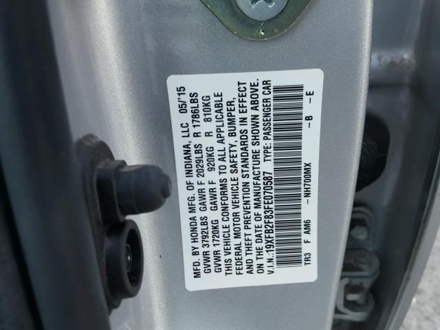 19XFB2F83FE070587 - 2015 HONDA CIVIC EX SILVER photo 10