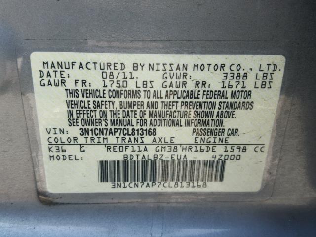 3N1CN7AP7CL813168 - 2012 NISSAN VERSA S GRAY photo 10