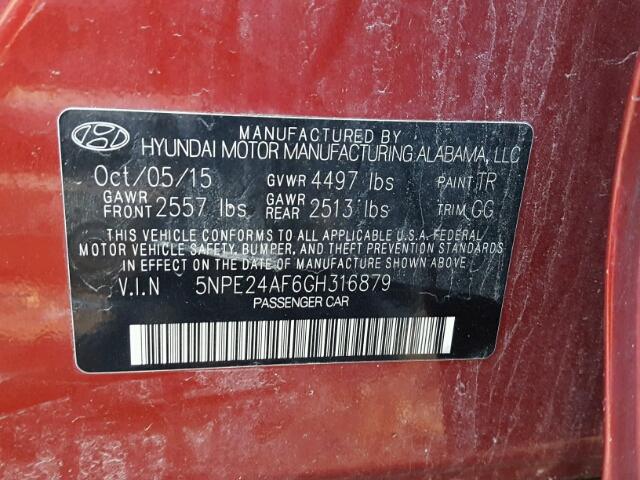 5NPE24AF6GH316879 - 2016 HYUNDAI SONATA SE RED photo 10