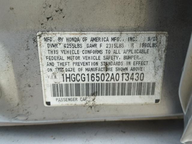 1HGCG16502A013430 - 2002 HONDA ACCORD EX SILVER photo 10