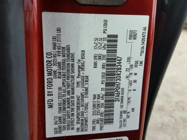 3FA6P0H73DR283447 - 2013 FORD FUSION SE RED photo 10