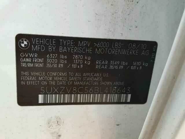 5UXZV8C56BL418643 - 2011 BMW X5 XDRIVE5 WHITE photo 10