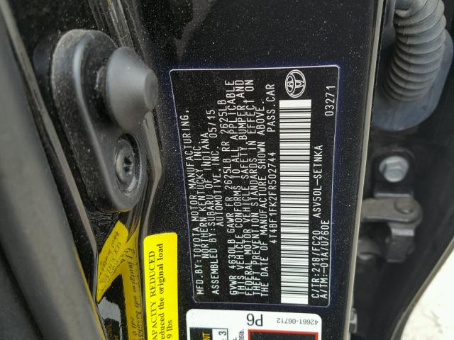 4T4BF1FK2FR502744 - 2015 TOYOTA CAMRY LE 黑色 照片 10