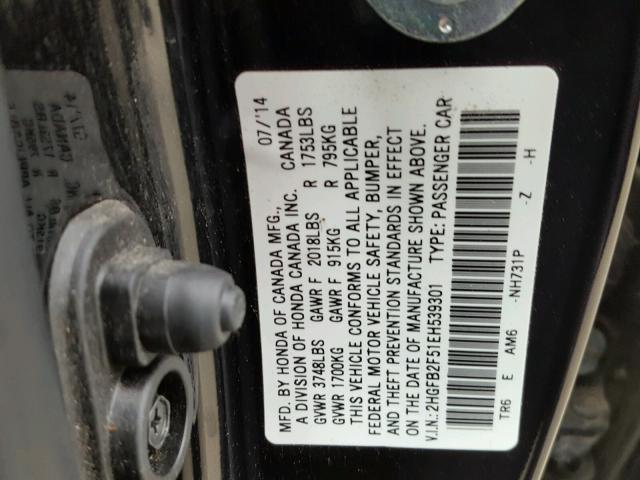 2HGFB2F51EH539301 - 2014 HONDA CIVIC LX BLACK photo 10