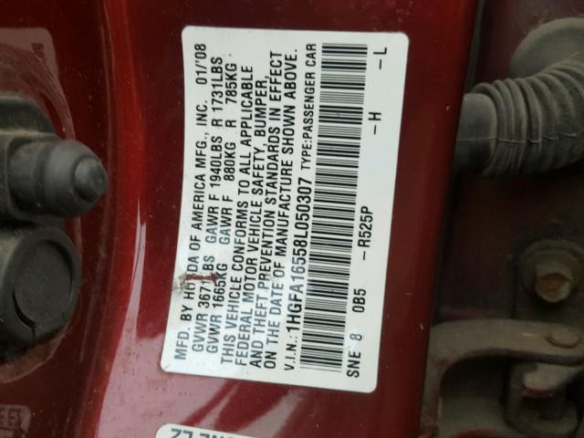 1HGFA16558L050307 - 2008 HONDA CIVIC LX MAROON photo 10