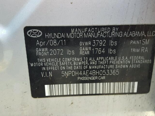 5NPDH4AE4BH053365 - 2011 HYUNDAI ELANTRA GL SILVER photo 10