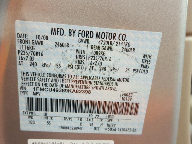 1FMCU49389KA82398 - 2009 FORD ESCAPE HYB SILVER photo 10