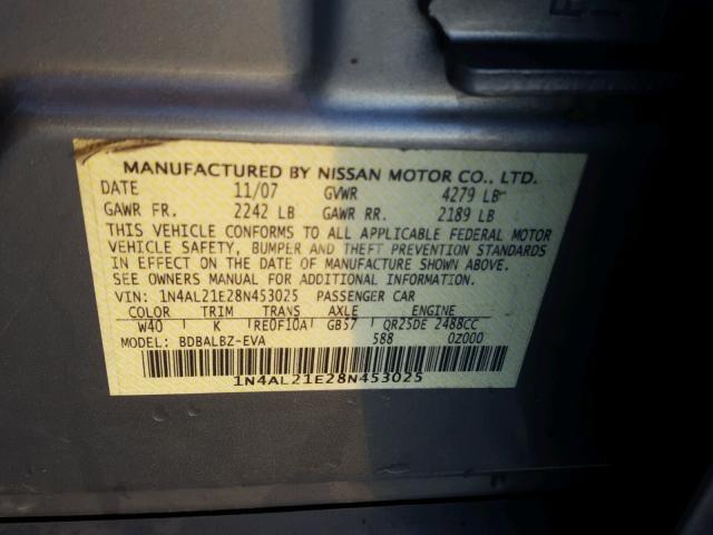 1N4AL21E28N453025 - 2008 NISSAN ALTIMA 2.5 GRAY photo 10