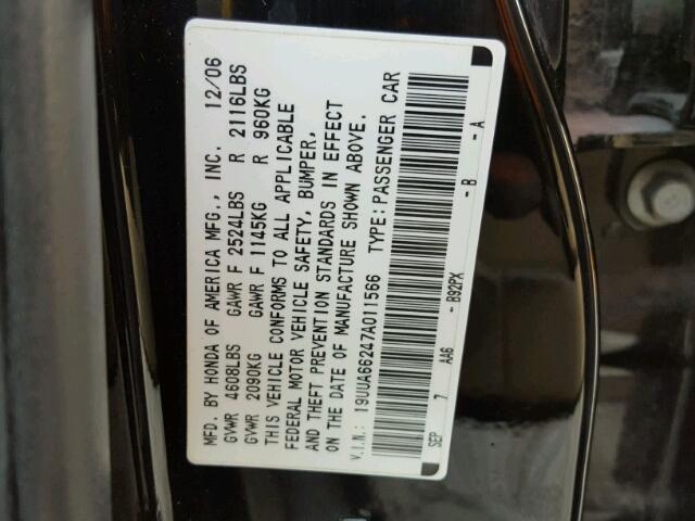 19UUA66247A011566 - 2007 ACURA TL BLACK photo 10