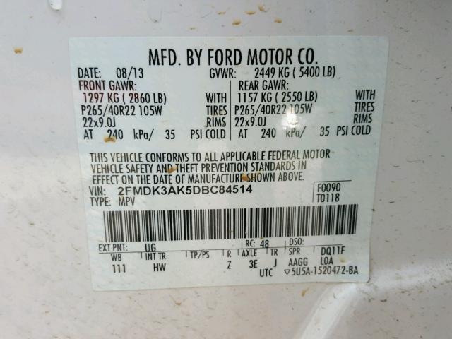 2FMDK3AK5DBC84514 - 2013 FORD EDGE SPORT WHITE photo 10