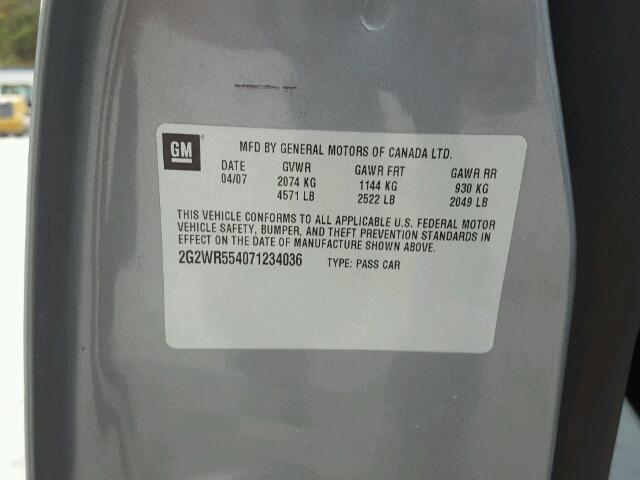 2G2WR554071234036 - 2007 PONTIAC GRAND PRIX Մոխրագույն լուսանկար 10