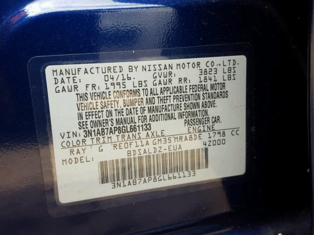 3N1AB7AP8GL661133 - 2016 NISSAN SENTRA S BLUE photo 10