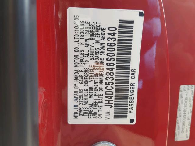 JH4DC53846S006340 - 2006 ACURA RSX RED photo 10