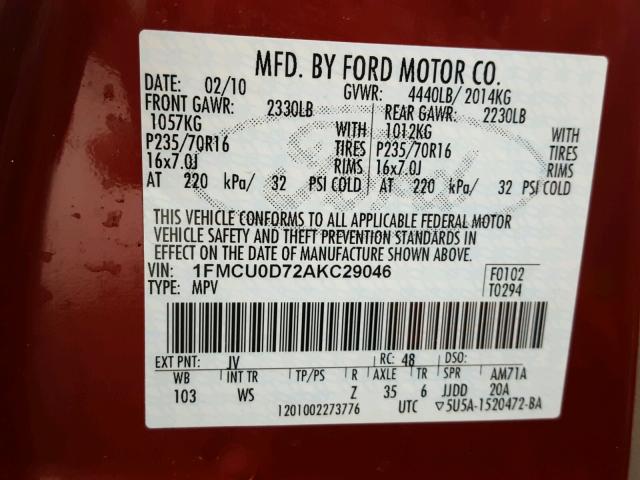 1FMCU0D72AKC29046 - 2010 FORD ESCAPE XLT RED photo 10