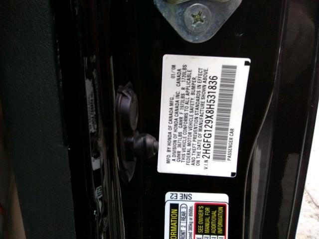 2HGFG129X8H531836 - 2008 HONDA CIVIC EXL BLACK photo 10