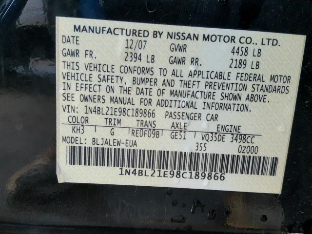 1N4BL21E98C189866 - 2008 NISSAN ALTIMA 3.5 BLACK photo 10