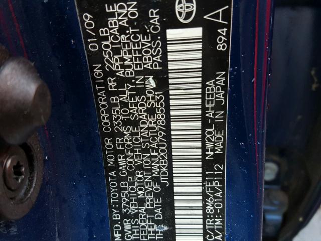 JTDKB20U797885531 - 2009 TOYOTA PRIUS BLUE photo 10