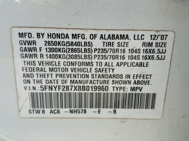 5FNYF287X8B019960 - 2008 HONDA PILOT EXL WHITE photo 10