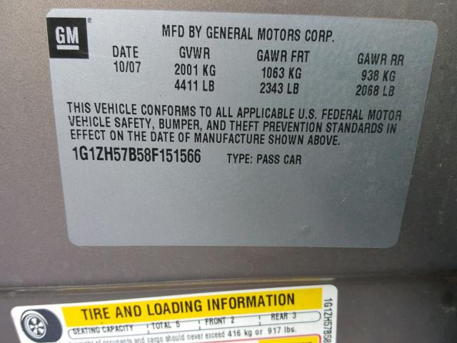 1G1ZH57B58F151566 - 2008 CHEVROLET MALIBU 1LT TAN photo 10