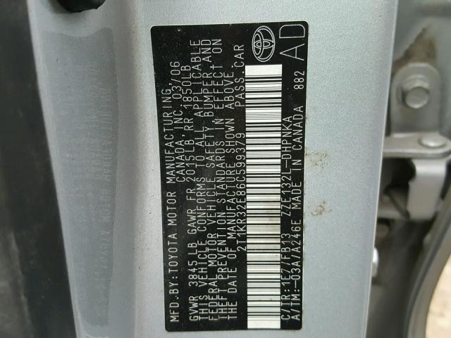 2T1KR32E86C599379 - 2006 TOYOTA COROLLA MA SILVER photo 10