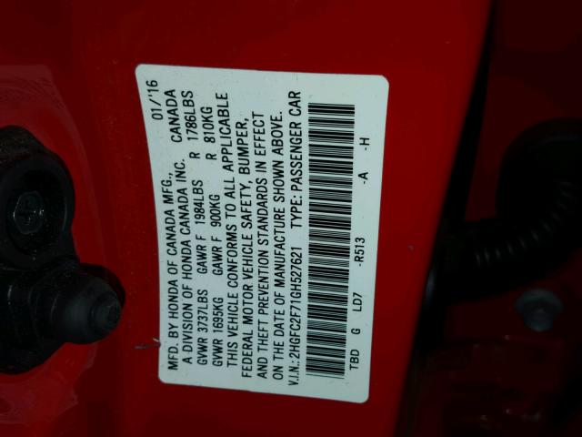 2HGFC2F71GH527621 - 2016 HONDA CIVIC EX 红色 照片 10