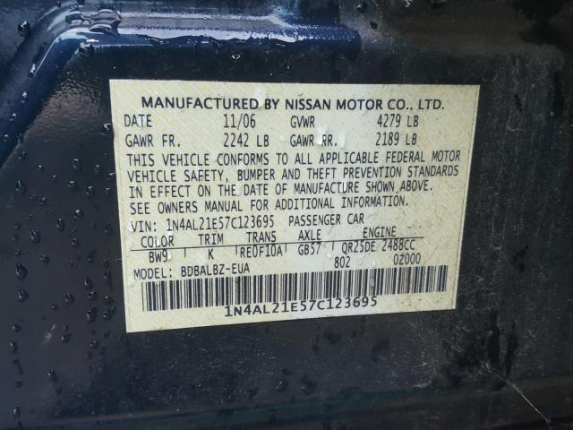 1N4AL21E57C123695 - 2007 NISSAN ALTIMA 2.5 BLUE photo 10