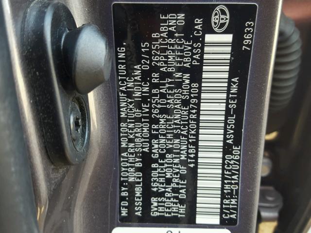 4T4BF1FK0FR479108 - 2015 TOYOTA CAMRY LE GRAY photo 10