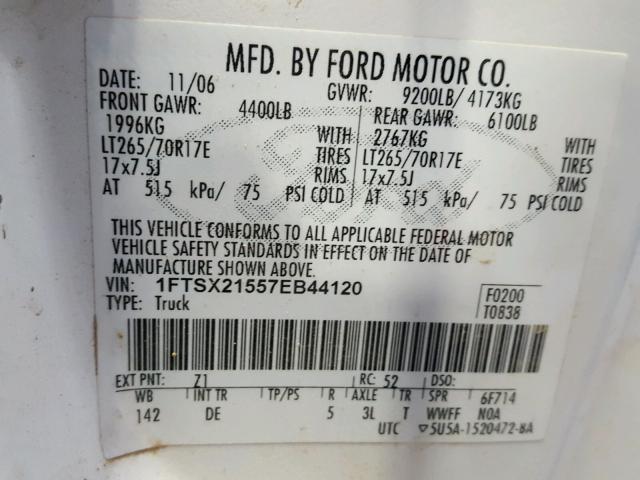 1FTSX21557EB44120 - 2007 FORD F250 SUPER WHITE photo 10