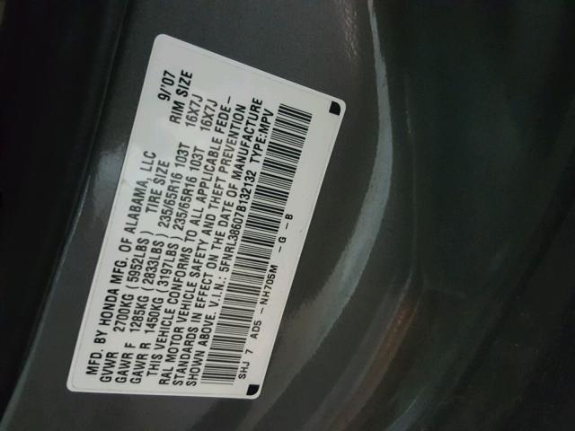 5FNRL38607B132132 - 2007 HONDA ODYSSEY EX GRAY photo 10