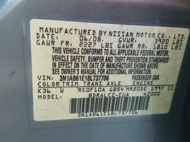 3N1AB61E18L737706 - 2008 NISSAN SENTRA 2.0 GRAY photo 10