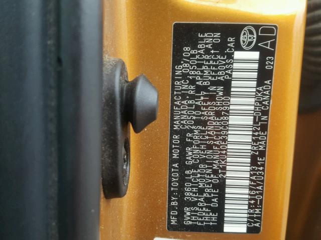 2T1KU40E39C087900 - 2009 TOYOTA COROLLA MA ORANGE photo 10