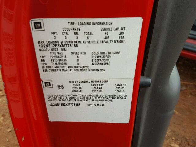 1G2NE12E3XM778158 - 1999 PONTIAC GRAND AM S 红色 照片 10